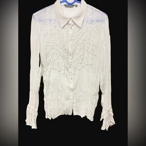 CCC Women Extra Large Button Front Blouse White Pleated